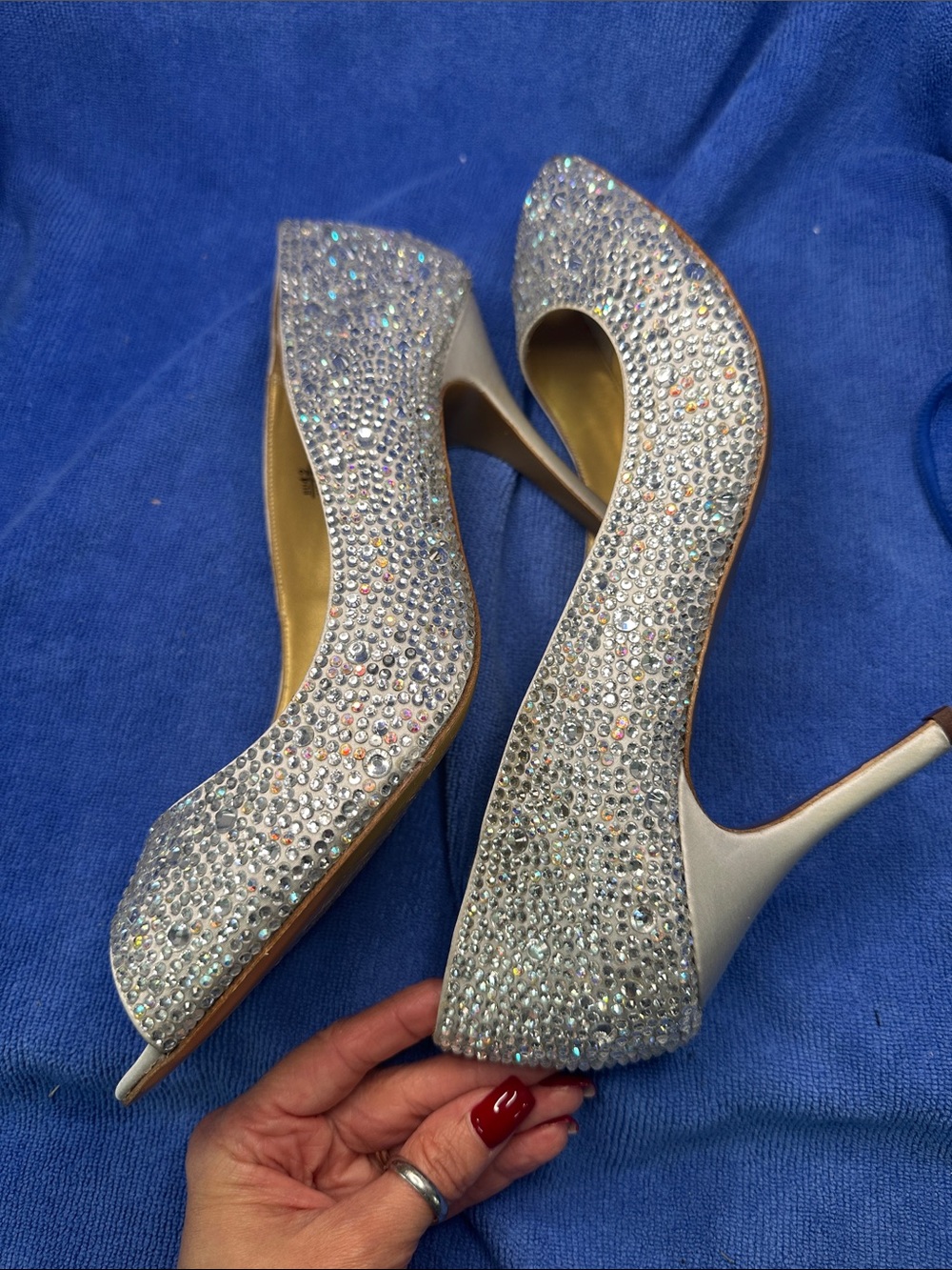 Benjamin Adam’s Silver silk / Crystal Peep-Toe Heels - - Picture 9 of 14